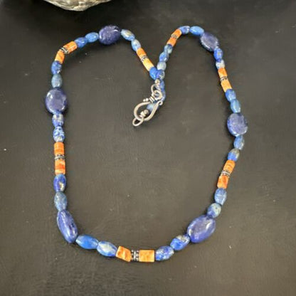 Men's Lapis & Orange Spiny Oyster Navajo Pearls Sterling Silver Necklace 18" | Handmade 17501