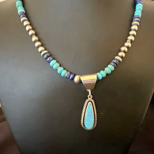 Navajo Opal Inlay Pendant with Turquoise & Lapis | Sterling Silver Necklace | Authentic Native American Handmade | 16849