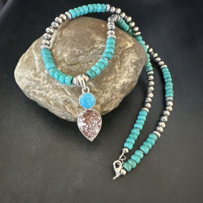 Navajo Wild Horse | Blue Kingman Turquoise Pendant Necklace | Sterling Silver | Authentic Native American Handmade | 17577
