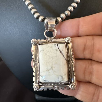 White Buffalo Turquoise Pendant | Navajo Pearls Sterling Silver Necklace | Authentic Native American Handmade | 17102