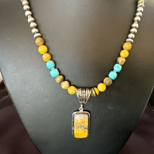 Men's BumbleBee Jasper Pendant Necklace | Navajo Pearls | Sterling Silver | Authentic Native American Handmade | 16873 - Masha USA