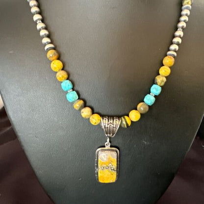 Men's BumbleBee Jasper Pendant Necklace | Navajo Pearls | Sterling Silver | Authentic Native American Handmade | 16873 - Masha USA