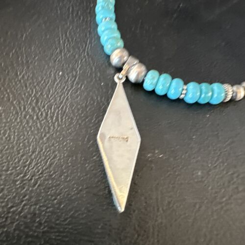 Navajo Blue Turquoise Inlay Pendant | Sterling Silver Necklace | Authentic Native American Handmade | 15421