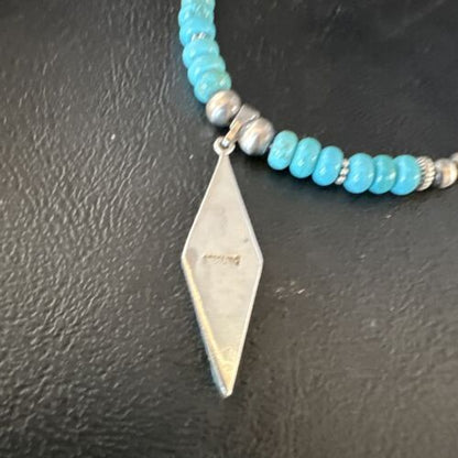 Navajo Blue Turquoise Inlay Pendant | Sterling Silver Necklace | Authentic Native American Handmade | 15421