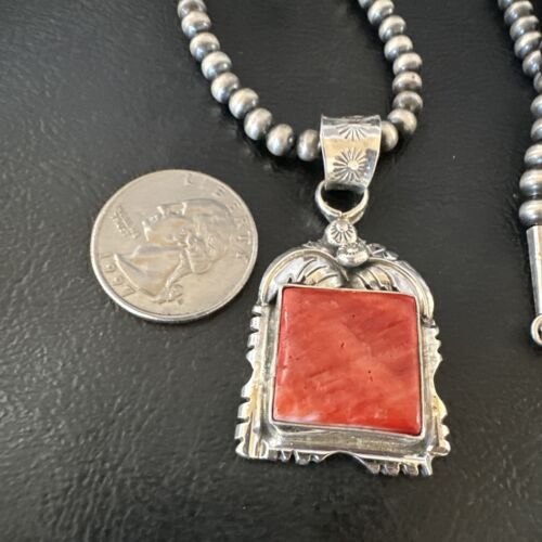 Navajo Red Spiny Oyster Pendant Necklace | Sterling Silver | Authentic Native American Handmade | 16148