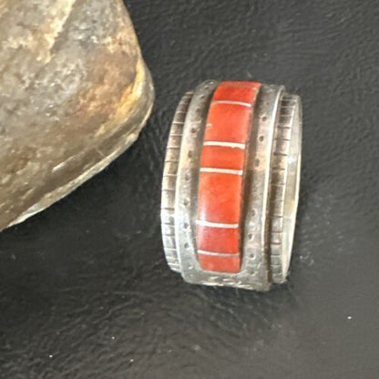 Navajo Coral Inlay Ring | Sterling Silver | Sz 11 | Authentic Native American Handmade | 15912