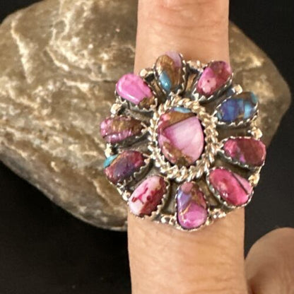 Navajo Purple Spiny Oyster Cluster Ring | Authentic Native American Sterling Silver | Multi-Stone | Sz 8 | 15053