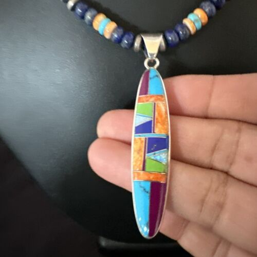 Navajo Spiny Oyster Turquoise Lapis Inlay Pendant Necklace | Sterling Silver | 21" | Authentic Native American Handmade | 16766