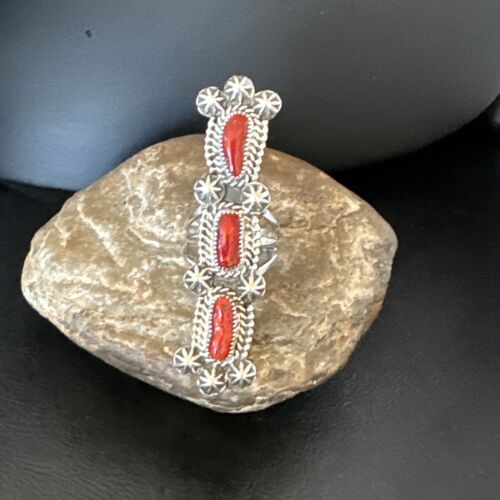 Navajo Red Coral Cluster Ring | Authentic Native American Sterling Silver | Multi-Stone | Sz 11.5 | 16329
