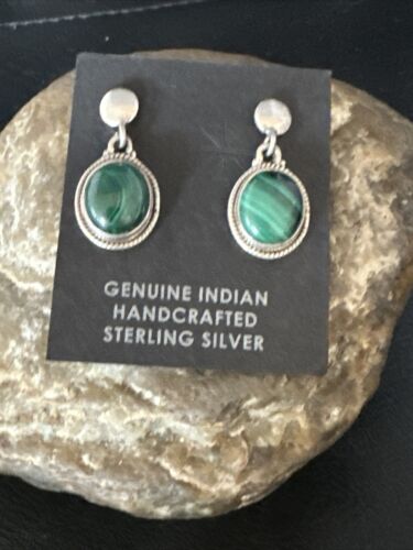 Navajo Green Malachite Dangle Earrings | Sterling Silver | Authentic Native American Handmade | 14922