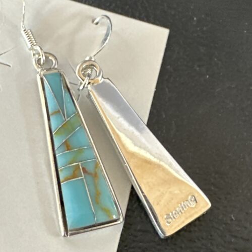 Navajo Blue Turquoise Inlay Earrings | Sterling Silver | 1" | Authentic Native American Handmade | 15699