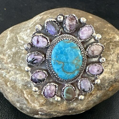 Navajo Cluster Blue Kingman Turquoise Charoite Ring | Authentic Native American Sterling Silver | Multi-Stone | Sz 9.5 | 17178