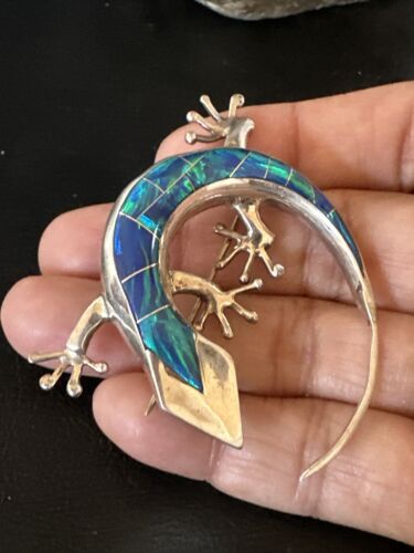 Navajo Blue Opal Lizard Pin Pendant | Inlay Gecko | Sterling Silver | Authentic Native American Handmade | 15194