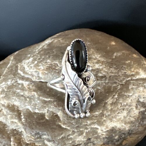 Navajo Black Onyx Ring | Sterling Silver | Sz 7.5 | Authentic Native American Handmade | 15406