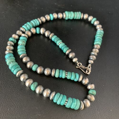 Navajo Pearls Blue Turquoise Necklace | Sterling Silver | Men's Women's | Authentic Native American Handmade | 20" | 13416