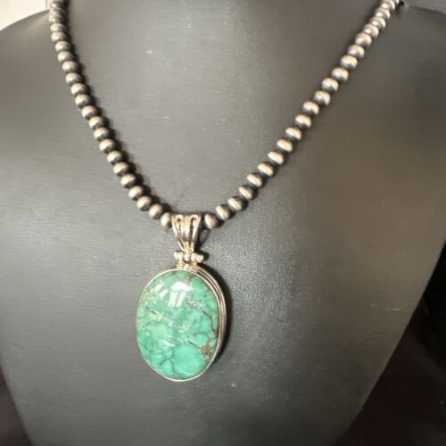 Navajo Blue Spiderweb Turquoise Pendant | Sterling Silver Pearls Necklace | Authentic Native American Handmade | 15570