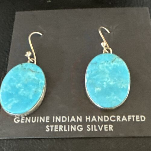 Navajo Blue Kingman Turquoise Dangle Earrings | Sterling Silver | Authentic Native American Handmade | 15436