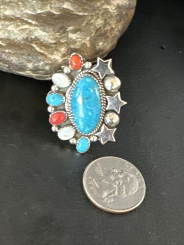 Navajo Coral Mother of Pearl Turquoise Multi-Stone Adjustable Ring | Authentic Native American Sterling Silver | Multi-Stone | 15331