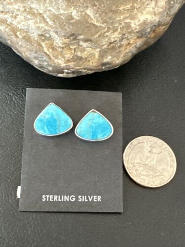 Navajo Blue Kingman Turquoise Post Stud Earrings | Sterling Silver | Authentic Native American Handmade | 17482