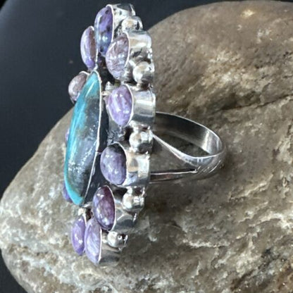 Navajo Kingman Turquoise Charoite Ring | Authentic Native American Sterling Silver | Multi-Stone | Sz 10 | 17181
