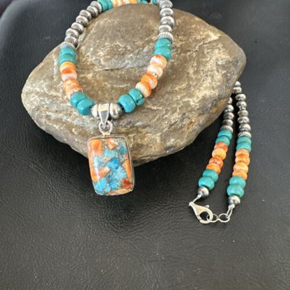 Navajo Spiny Turquoise Pendant Necklace | Sterling Silver | 22" | Authentic Native American Handmade | 17430