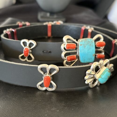 Men's Kingman Turquoise Coral Concho Belt | Sterling Silver | Navajo Tufa | 16681