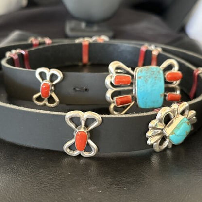 Men's Kingman Turquoise Coral Concho Belt | Sterling Silver | Navajo Tufa | 16681
