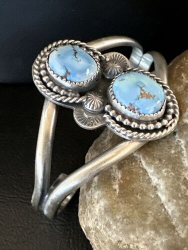 Navajo Blue Golden Hills Turquoise Cuff Bracelet | Sterling Silver | Authentic Native American Handmade | 16428 - Masha USA