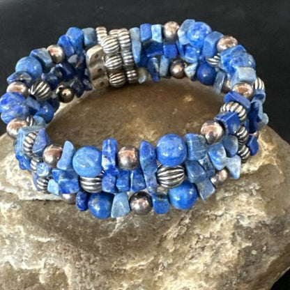 Navajo Lapis Silver Stainless Steel Memory Wire Bracelet | 6mm Beads | 6" | 17616