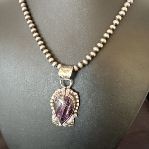 Navajo Pearls Purple Sugilite Pendant Necklace | Sterling Silver Beads | Authentic Native American Handmade | 16462