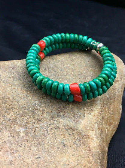 Native American Sterling Silver Bracelet | Coral & Green Turquoise | Handmade Southwestern Jewelry | 1075