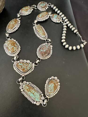 Navajo XL Blue Turquoise #8 Squash Blossom Necklace | Sterling Silver | 18" | Authentic Native American Handmade | 17205