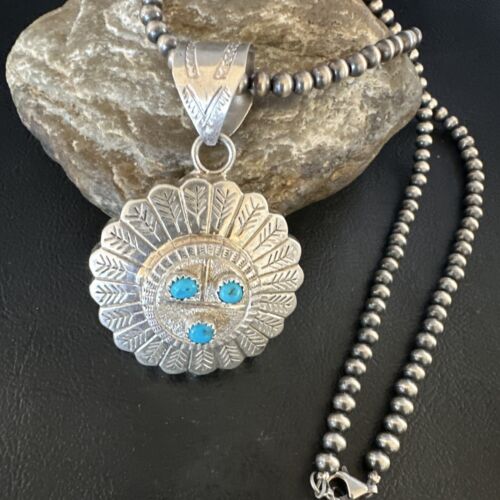 Navajo Sunface Blue Kingman Turquoise Pendant | Sterling Silver | 2.75" | Authentic Native American Handmade | 15209