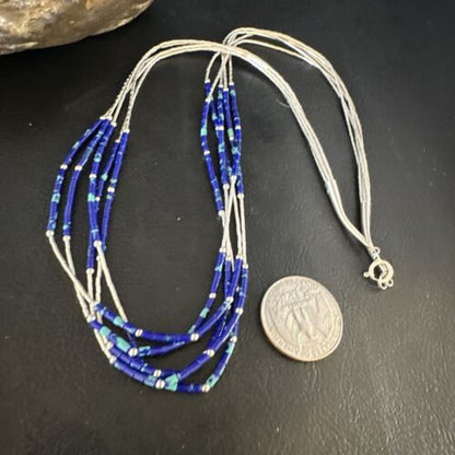Navajo Blue Green Azurite 5-Strand Necklace | Sterling Silver | 20" | Authentic Native American Handmade | 15134