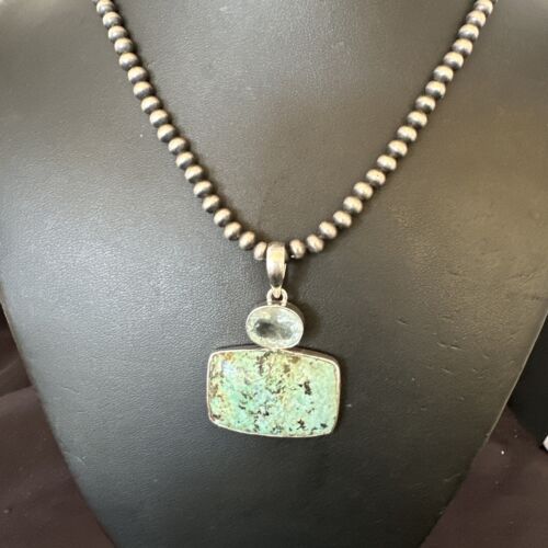 Navajo Dry Creek Turquoise Topaz Pendant Necklace | Sterling Silver | Authentic Native American Handmade | 16446