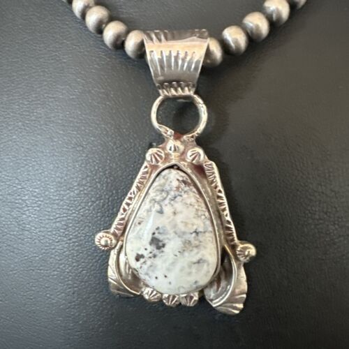 Men's White Buffalo Turquoise Pendant Necklace | Navajo Pearls | Sterling Silver | Native American Handmade | 17330