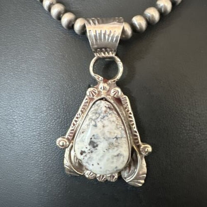 Men's White Buffalo Turquoise Pendant Necklace | Navajo Pearls | Sterling Silver | Native American Handmade | 17330