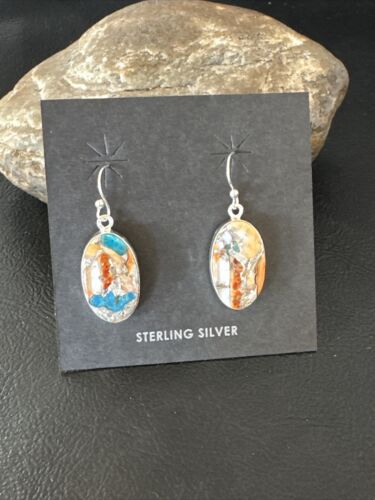 Navajo Blue Turquoise & Orange Spiny Oyster Inlay Dangle Earrings | Sterling Silver | 15587