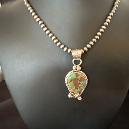 Navajo Blue Turquoise Pendant Necklace | Sterling Silver Pearls | Authentic Native American Handmade | 15654