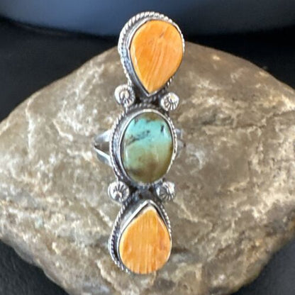 Navajo Green Turquoise Spiny Oyster Multi-Stone Ring | Authentic Native American Sterling Silver | Sz 10.5 | 16716