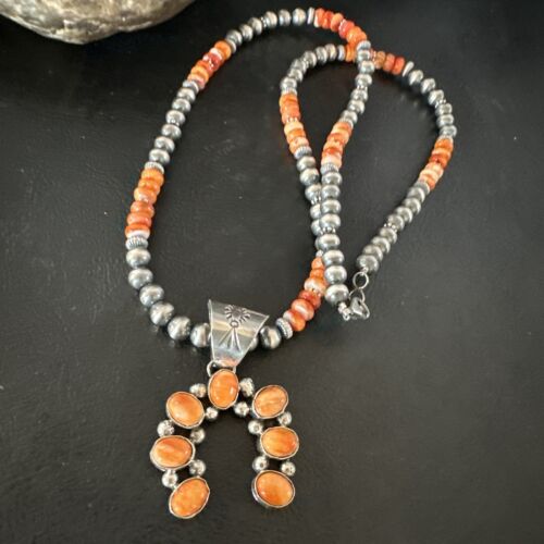 Navajo Pearls Orange Spiny Oyster Naja Pendant | Sterling Silver Necklace | Authentic Native American Handmade | 16804