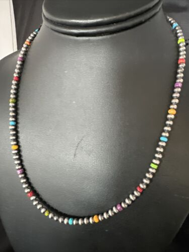 Navajo Multicolor 4mm Sterling Silver Pearls Necklace | 16" Hook & Eye | Authentic Native American Handmade | 94316