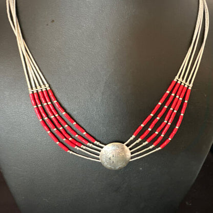 Navajo Concha Red Coral Heishi Necklace | 5 Strand Liquid Sterling Silver | 20" | 15878