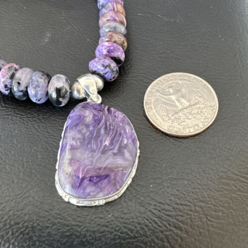 Navajo Purple Charoite Pendant with Pearls | Sterling Silver Necklace | Authentic Native American Handmade | 16337