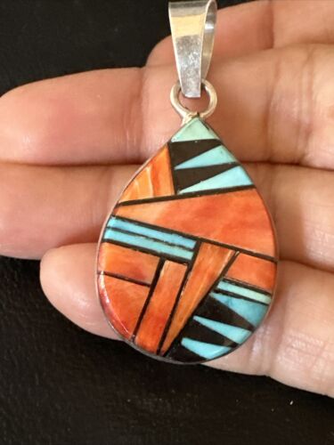 Women's Blue Turquoise & Spiny Oyster Inlay Pendant | Navajo Sterling Silver | Authentic Native American Jewelry | 15196