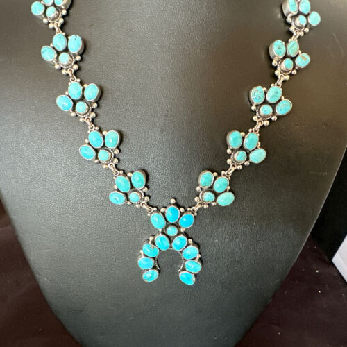 Rare Sleeping Beauty Kingman Turquoise Squash Blossom Necklace | Sterling Silver | 16269