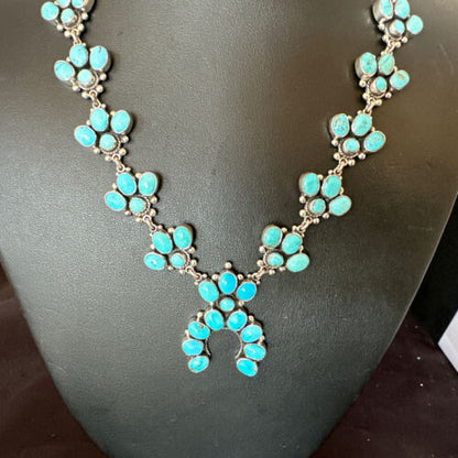 Rare Sleeping Beauty Kingman Turquoise Squash Blossom Necklace | Sterling Silver | 16269