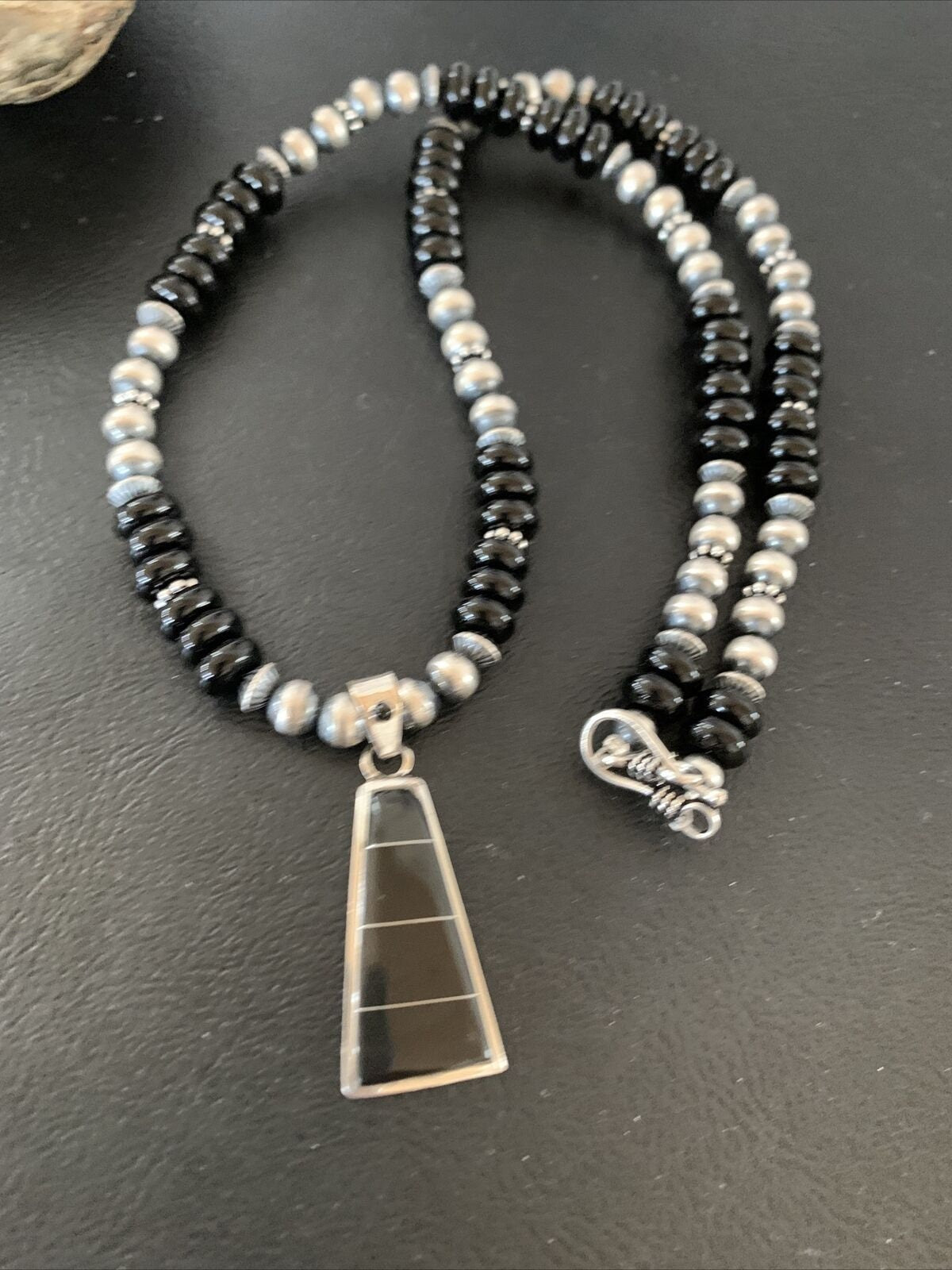 Navajo Black Onyx Bead Inlay Pendant Necklace | Sterling Silver | Native American Handmade | 01939
