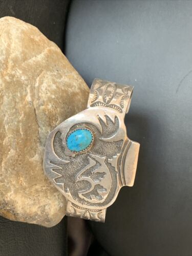 Navajo Sterling Silver Cuff Bracelet | Blue Kingman Turquoise | Men's | Authentic Native American Handmade