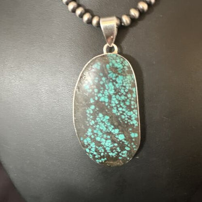 Navajo Blue Spiderweb Turquoise Pendant Necklace | Sterling Silver Pearls | Authentic Native American Handmade | 15568